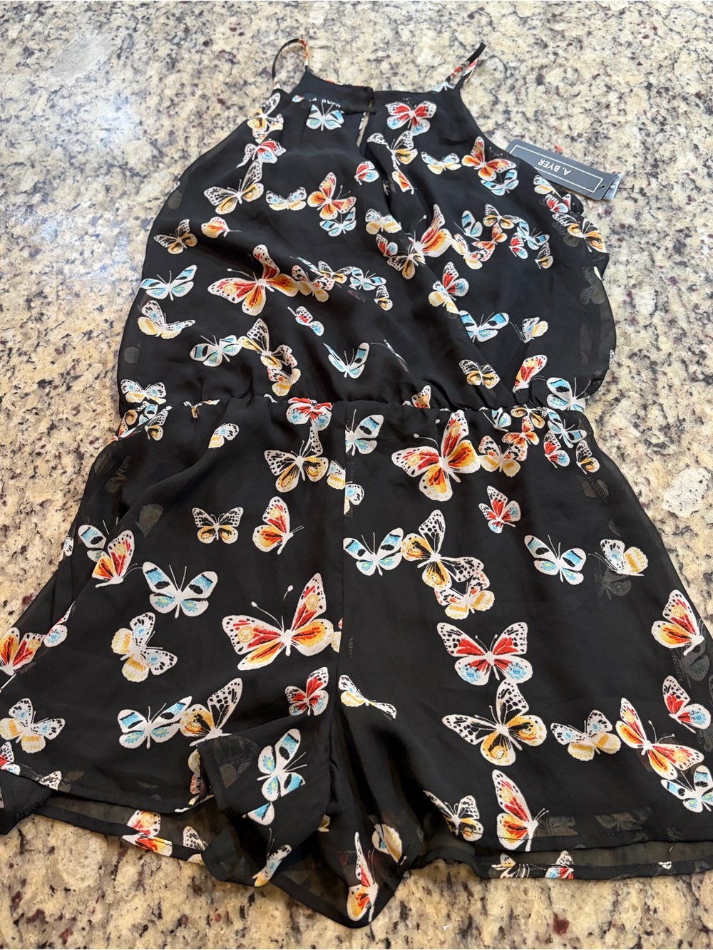 A. Byer Black Butterfly Halter Romper with Multicolor Print